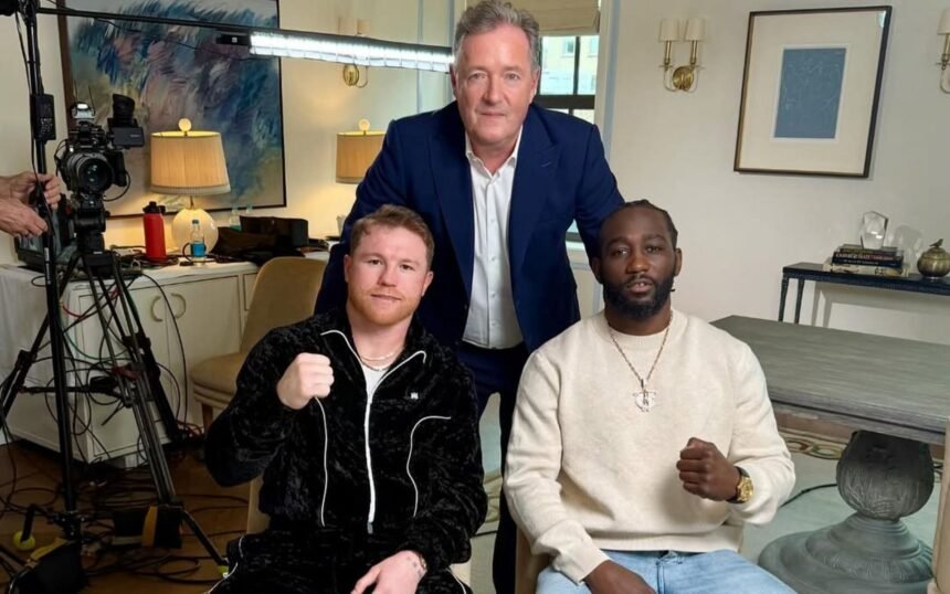 Canelo Alvarez (left) and Terence Crawford (right) warn Piers Morgan (center). [Image courtesy: @piersmorgan on Instagram]