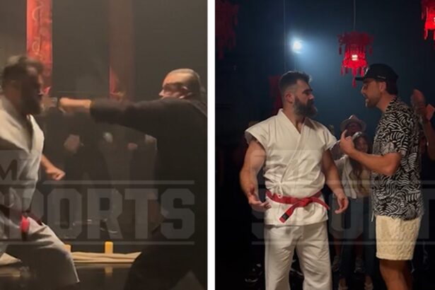 Jason Kelce Films Beer Commercial With Travis, Chuck Liddell, Takes Fake Punch