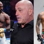 Khalil Rountree Jr. (left) discusses Dustin Poirier&rsquo;s (right) last UFC outing with Joe Rogan (center). [Images courtesy: @ufceurope on Instagram and Getty]