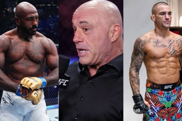 Khalil Rountree Jr. (left) discusses Dustin Poirier&rsquo;s (right) last UFC outing with Joe Rogan (center). [Images courtesy: @ufceurope on Instagram and Getty]