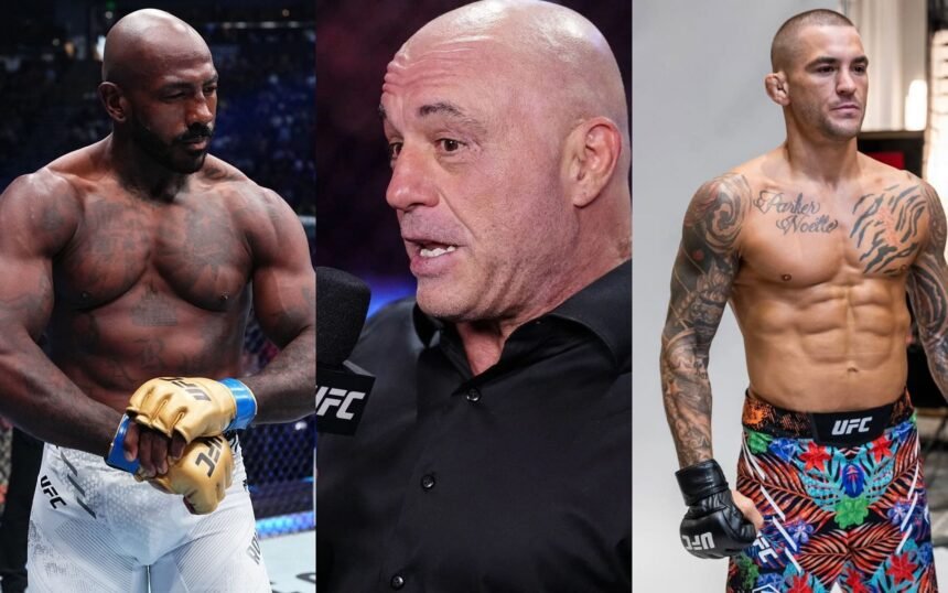 Khalil Rountree Jr. (left) discusses Dustin Poirier&rsquo;s (right) last UFC outing with Joe Rogan (center). [Images courtesy: @ufceurope on Instagram and Getty]