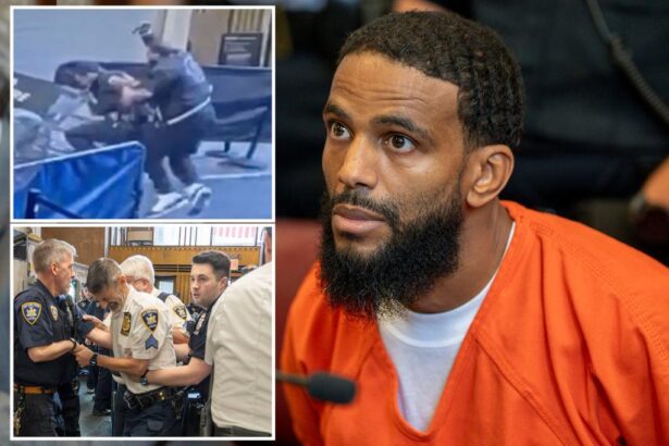 Knife-wielding maniac accused of stabbing officers in courthouse tantrum pleads not guilty as crew of cops stares