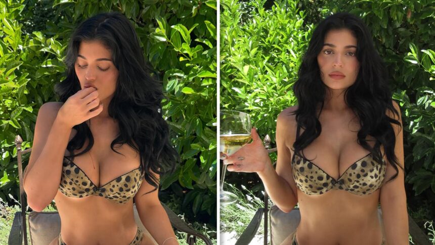 Kylie Jenner Sports Leopard Print Bikini, Snacks On Bowl Of Cherries