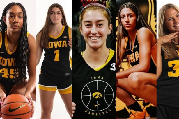 Lucy Olsen, Taylor Stremlow, Callie Levin, and Addie Deal hype up Iowa star Hannah Stuelke’s sleek moves at the FIBA AmeriCup