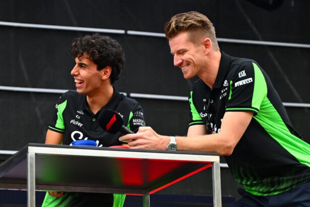Nico Hulkenberg and Gabriel Bortoleto share an emotional moment as Sauber celebrates the German’s first F1 podium