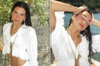 Dua Lipa Flaunts Long Legs in All-White Outfit at Beach