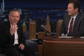 Greg Gutfeld Hugs Jimmy Fallon in Late-Night Crossover