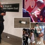 Mask-wearing biker unleashes bear spray during NYC subway clash