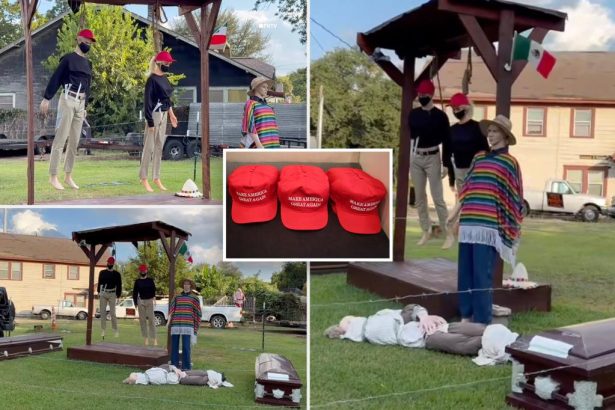 Houston Halloween display appears to show lynched ICE agent mannequins in MAGA-like red hats near Mexican flag