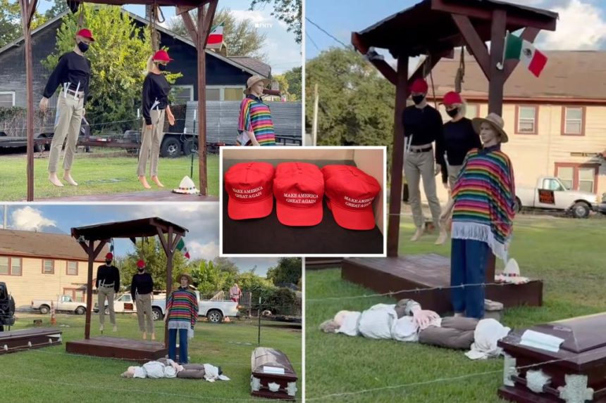 Houston Halloween display appears to show lynched ICE agent mannequins in MAGA-like red hats near Mexican flag