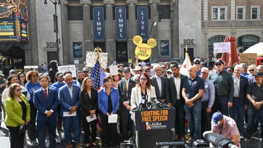 Politicians, Guild Leaders Rally Outside ‘Jimmy Kimmel Live’ Studio, Urge Media Companies Not to Bow to Trump and FCC Pressure