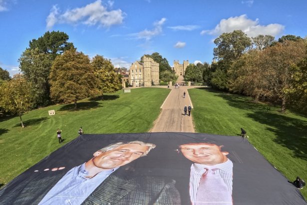 Massive Photo of Trump and Epstein Unfurled Outside Windsor Castle