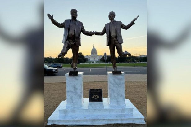 Massive Statues of Donald Trump Holding Hands With ‘Closest Friend’ Jeffrey Epstein Emerge to ‘Celebrate Friendship Month’ — as the Prez Struggles to Distance Himself From Sick Pedo