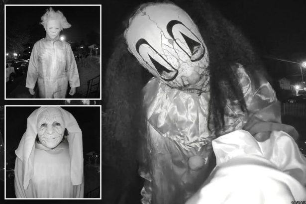 Chilling doorbell footage captures trio in Halloween masks threaten to kill widow, family