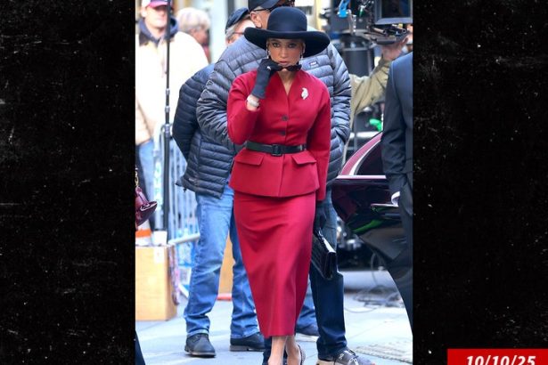 Jennifer Lopez Sizzles in All-Red Look on NYC Set of New Thriller
