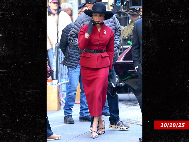 Jennifer Lopez Sizzles in All-Red Look on NYC Set of New Thriller