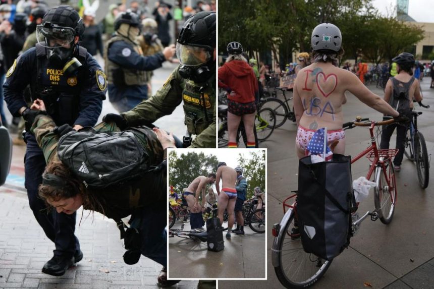 Naked protesters cycle through Portland in protest against federal troops