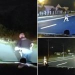 Tense video shows small child run down highway, almost get hit by car before being saved by cop
