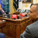 Trump Trolled Schumer and Jeffries With ‘Trump 2028’ Hats on Resolute Desk During Oval Office Budget Showdown (Photos) | The Gateway Pundit | by Kristinn Taylor