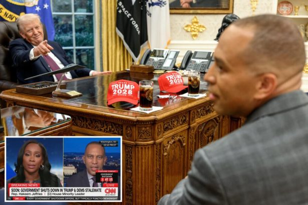 Trump taunts Dems with ‘Trump 2028’ hats during failed government shutdown negotiations