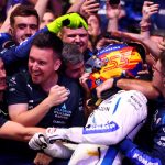 Carlos Sainz reacts after securing his second podium for Williams at the F1 Qatar GP