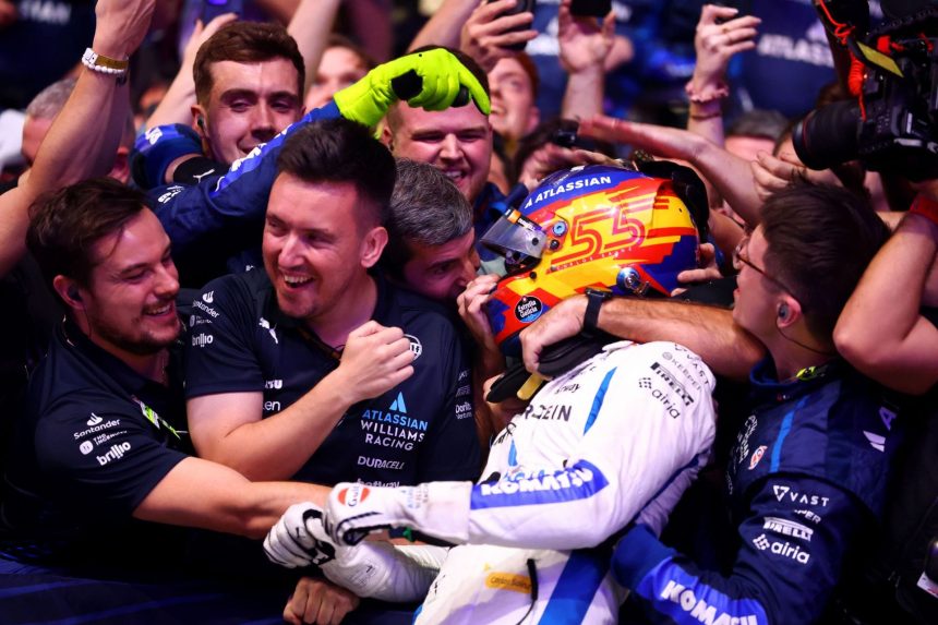 Carlos Sainz reacts after securing his second podium for Williams at the F1 Qatar GP