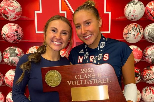 Harper Murray, Bergen Reilly, and Nebraska Volleyball stars cheer from sidelines as Maisie Boesiger’s sister wins State Championship