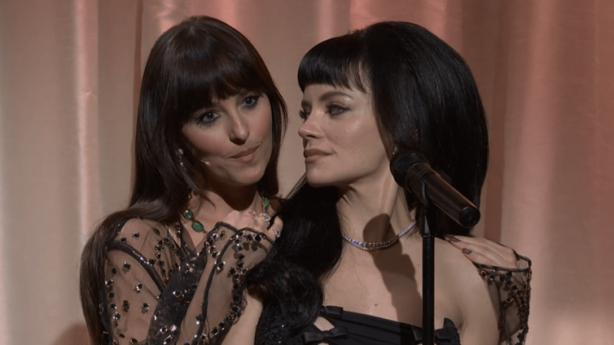Dakota Johnson Plays ‘Madeline’ During Lily Allen’s SNL Performance