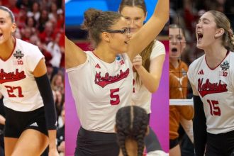 Harper Murray, Andi Jackson, and other Nebraska Volleyball players react to Rebekah Allick’s emotional highlights with Huskers on senior night 