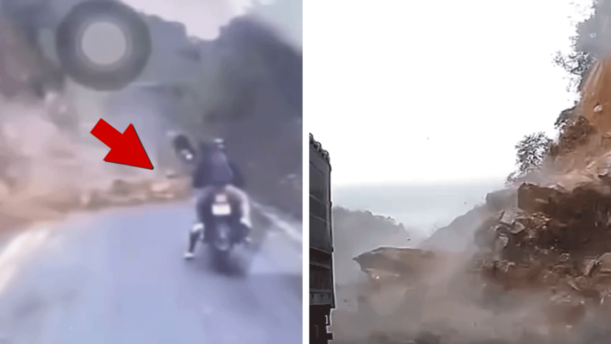 Mountain Mudslide Engulfs Road Workers and Motorcyclists in Harrowing Video