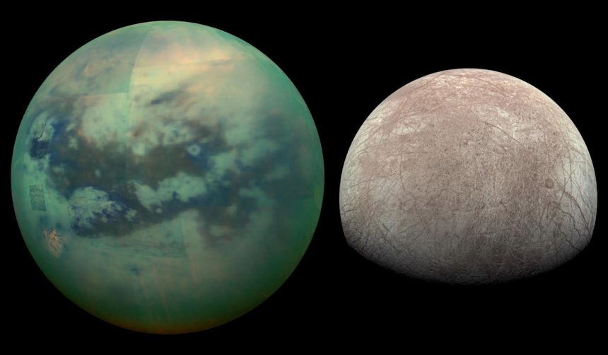 New Views of Saturn’s Moon Titan and Jupiter’s Moon Europa Complicate Ocean Worlds Theory