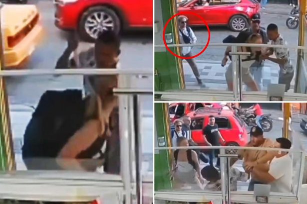 Spineless tourist cowers as young woman fights off armed robber in Colombia, viral video shows