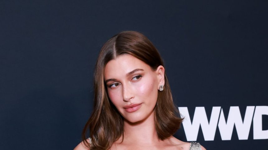 Hailey Bieber Enters Awards Season in Silvery Statuette Cosplay