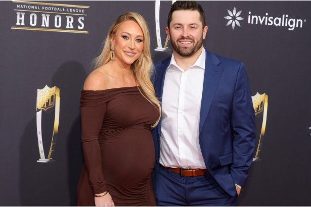 Baker Mayfield’s wife Emily flaunts baby belly in blue swimsuit while Bucs QB plays golf with daughter Kova [PICS]