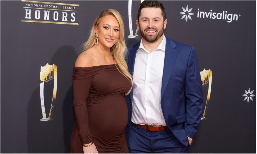 Baker Mayfield’s wife Emily flaunts baby belly in blue swimsuit while Bucs QB plays golf with daughter Kova [PICS]