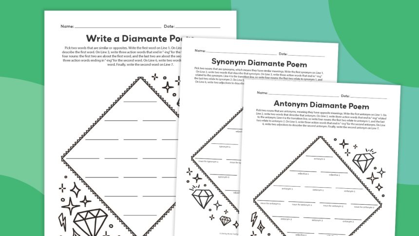 Diamante Poem Worksheets (Free Printable Bundle)