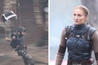 Sophie Turner Performs Her Own Parachute Stunt on Lara Croft Set, on Video