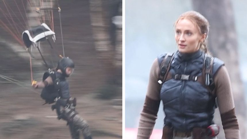 Sophie Turner Performs Her Own Parachute Stunt on Lara Croft Set, on Video