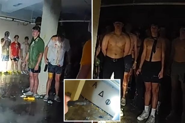 Viral disturbing bodycam footage shows dozens of shirtless, blindfolded University of Iowa pledges covered in food in frat basement