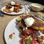 Corn fritters with bacon, lime cream & hot honey