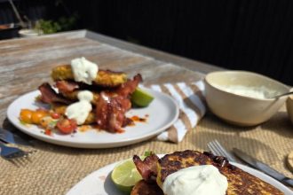 Corn fritters with bacon, lime cream & hot honey