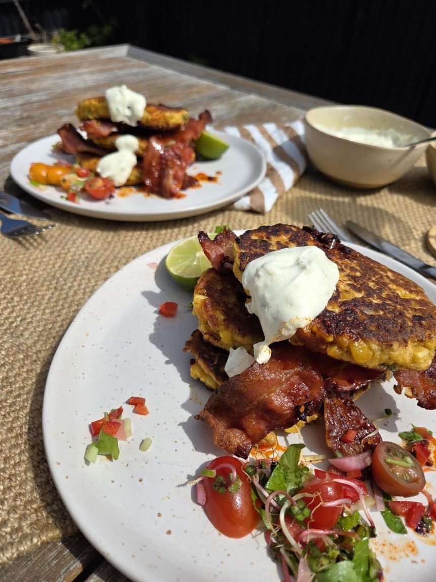 Corn fritters with bacon, lime cream & hot honey