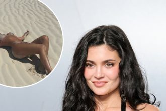 Kylie Jenner Poses in Sand in Tan-Colored Bikini on Vacation