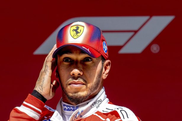 Lewis Hamilton reacts after securing a top 3 grid slot for the 2026 F1 Chinese GP
